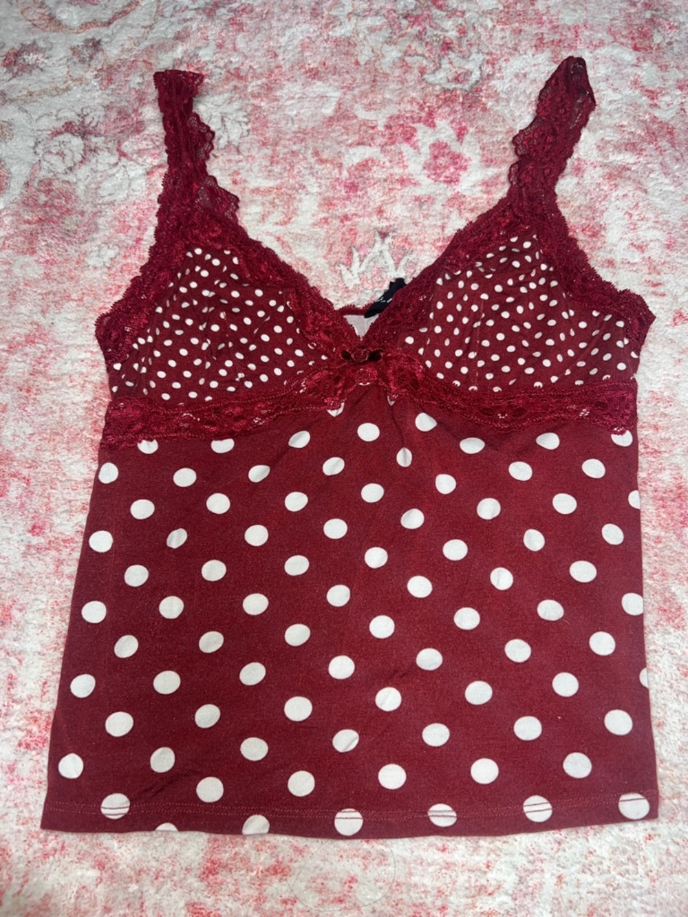 Urban Outfitters Burgundy and White Polka Dot Lace Trim Tank